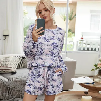 

2020 Pyjama Women's Pajamas Sets Long Sleeve Tie-Dye Print Sleepwear Drawstring Shorts Pijamas Mujer Summer Leisure Home Clothes