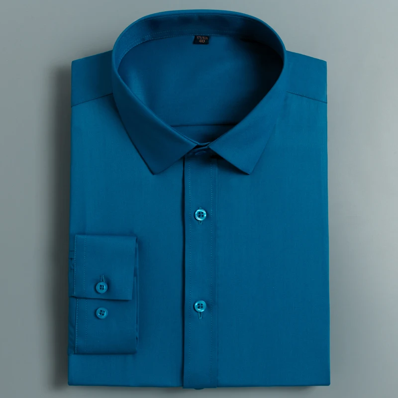 Мужская эластичная рубашка с длинным рукавом, легкая в уходе, формальная, деловая, офисная, однотонная, без морщин, бамбуковое волокно, Стандартная посадка, базовая одежда, рубашки