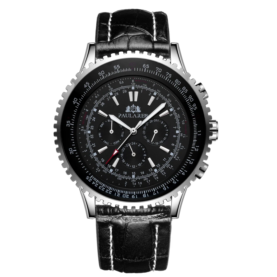 Bracelet en cuir véritable pour hommes, mécanique à remontage automatique, en acier inoxydable, noir, marron, bleu, sport, grande taille 50mm_voghion.com