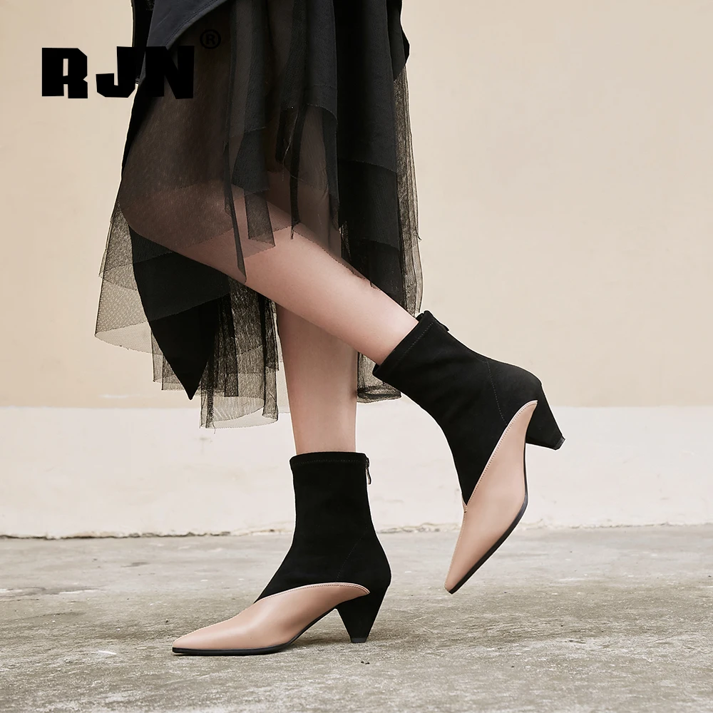 

RJN Fashion Mixed Color Stretch Ankle Boots Cow Leather Sexy Pointed Toe Tapered Heel Zipper Handmade Shoes Women Boots RO66