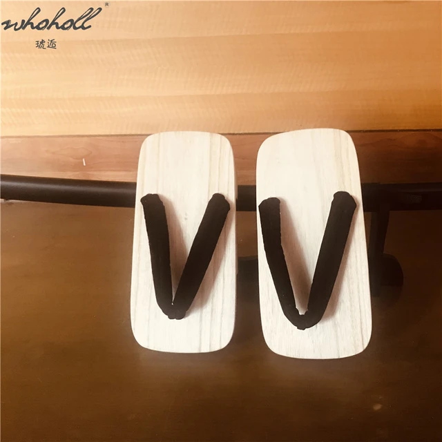 WHOHOLL Geta Summer Clogs Men's Women's Slippers Two-tooth Japanese Geta Wooden Flip-flops Cosplay Shoes Slippers Sandals white wood Black