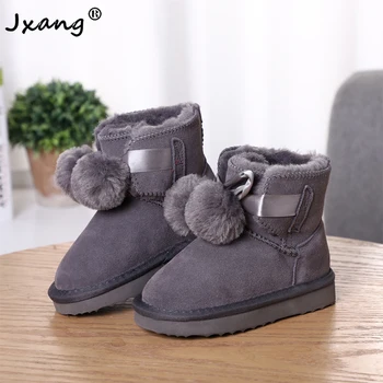 

JXANG 2020 New Fashion Children shoes Genuine Leather Girls boys Warm Winter Lace Up Pendant Hair Ball high quality snow boots