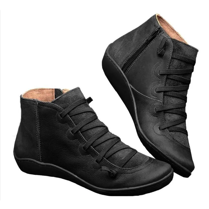 Winter Boots Ankle Boots Women Winter Boots PU Leather Ankle Boots Spring Flat Shoes Female Casual Short Fashion Retro Lace-up Zapatos Mujer