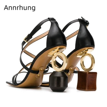 

Cross Narrow Band Party Shoes Woman Asymmetrical Building Blocks Heel Strange Heel Genuine Leather Sandals Women