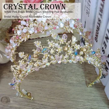 

Crystal Crown New White Pink Beads Bridal Crowns Handmade Tiara Bride Headband Crystal Rhinestone Crown Wedding Hair Accessories
