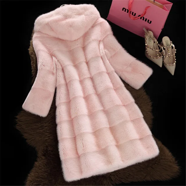Pink Женская зимняя куртка, новое пальто из искусственного меха, пальто с капюшоном, элегантное женское длинное меховое пальто, Женское пальто, имитация норки, Меховая куртка, шуба, женская куртка - Цвет: Pink