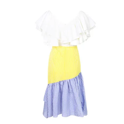Retro Patchwork Striped Women Dress V Neck Ruffled Sleeve Beach Bodycon Female Elegant Slim Sleeveless Long Dresses Vestidos