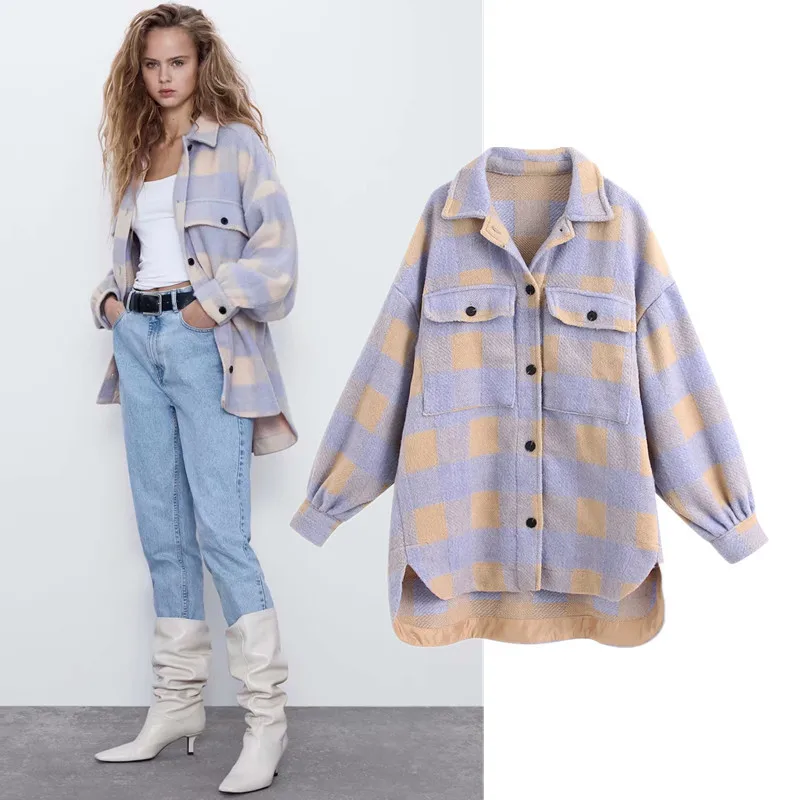 

Stylish Sweet Plaid Woolen Shirt Jackets Women Pockets Turn-down Collar Check Jacket Cute Girls Chic Coat Streetwear Tops