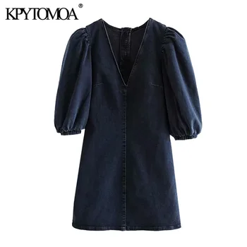 

KPYTOMOA Women 2020 Chic Fashion With Puff Sleeves Denim Mini Dress Vintage V Neck Back Zipper Female Dresses Vestidos Mujer