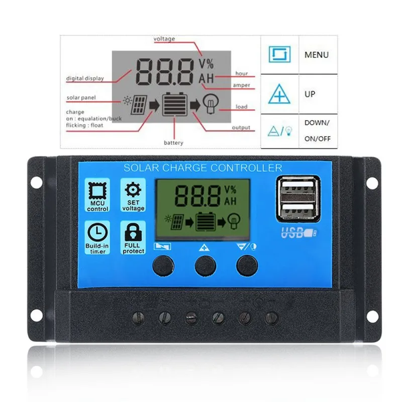 PWM 10/20/30A Dual USB Батарея Панели солнечные Регулятор 12 V/24 V ЖК-дисплей