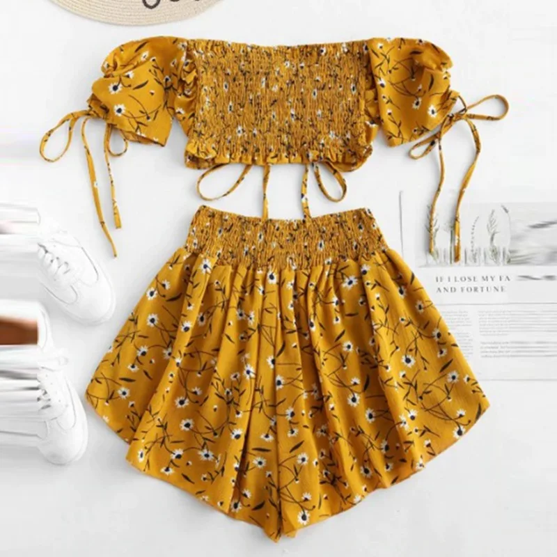 Off Shoulder Cinched Floral Women Set Summer Slash Neck Short Sleeves Crop Top High Waist Shorts Set Beach Boho Suits