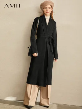 

Amii Minimalist Wool Knitted Cardigan Winter Women Fashion Solid Lapel Loose with Belt Elegant Female Long Jacket 11970548