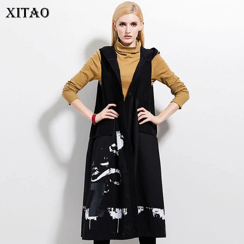 

XITAO Minority Plus Size Vest Coat Women Korea Fashion New Print Pattern Pleated Black Elegant Goddess Fresh Long Vest GCC1354