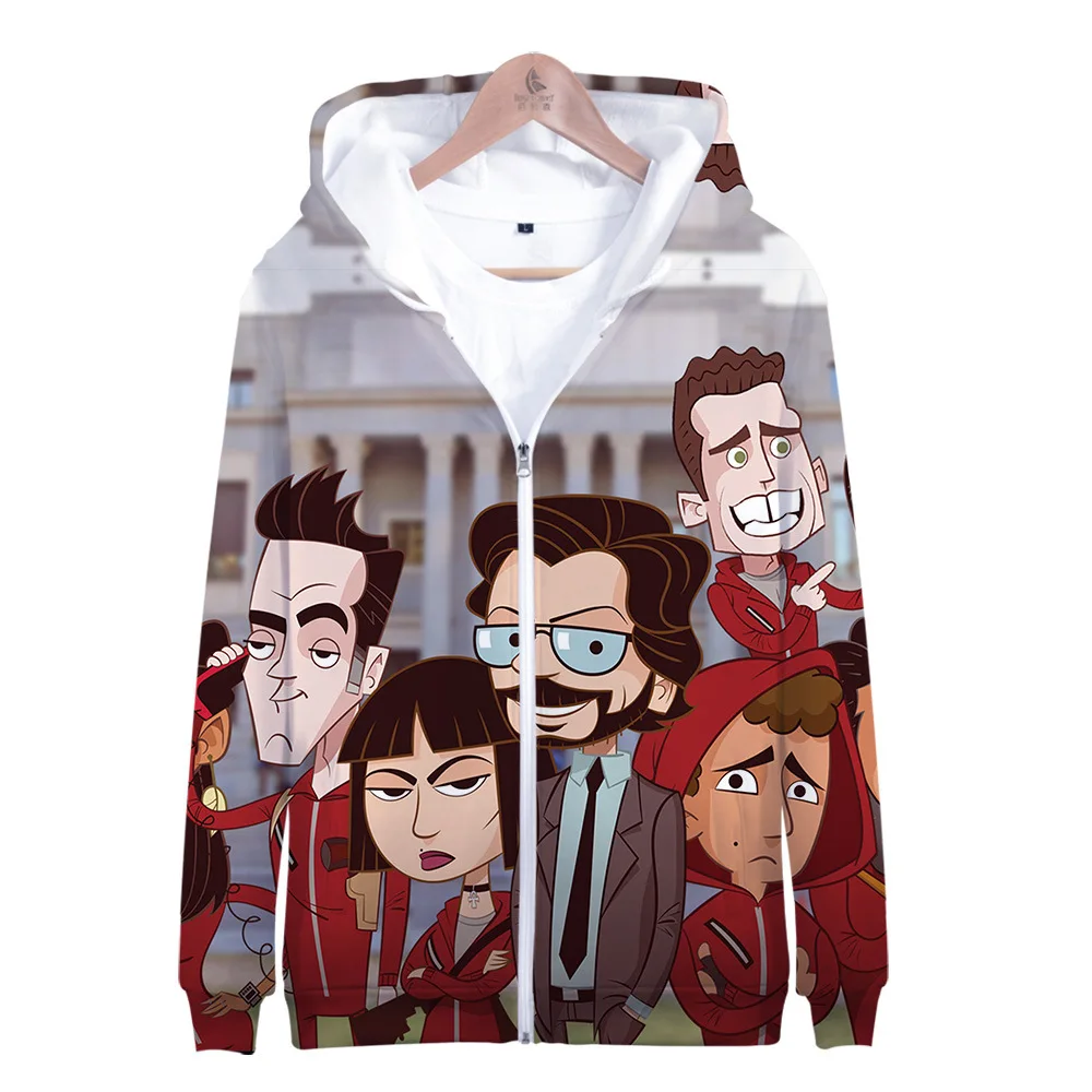 Модные унисекс крутые толстовки с капюшоном на молнии с 3D принтом сериал La casa de papel Money Heist House Of PAPER Свободная одежда