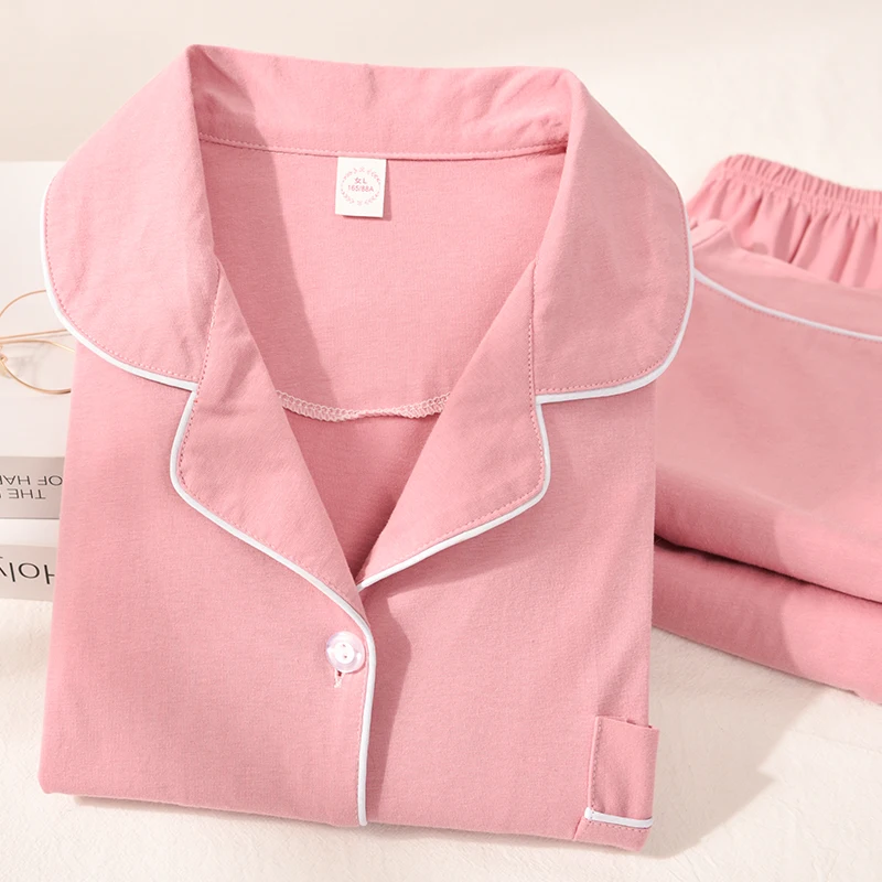 

Autumn 100% Cotton Pajamas for Women PJ Full Sleeves Pijamas Button-Down 2020 Winter Sleepwear Set Ladies Pink Women Pyjamas