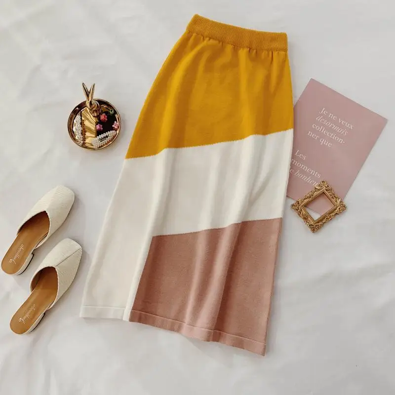 Korobov Skirts Women Autumn Winter New Striped Patchwork Skirt Korean Hit Color A-Line High Waist Knitted Falda Femme 78826