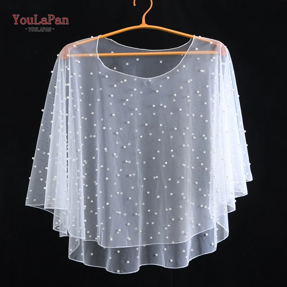 YouLaPan G27 Pearls Bridal Cape Cloak Cover over the Shoulder Wedding Shawl Short Front Long Back Elegant DIY Wedding Shawl