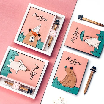 

Cute Cartoon Bear Notebook A5 A6 A7 Journal Wooden Cover Notepad With Pen For Girls School Stationery Gift Box Set Supply