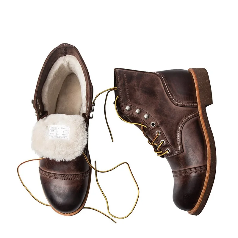 Зимние ботинки; Мужская зимняя обувь из натуральной кожи; мужские зимние ботинки; высококачественные мужские шерстяные ботинки ручной работы в винтажном стиле; военные ботинки - Цвет: Dark brown with fur