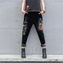 Весна осень свободные джинсы женские готические штаны-шаровары эластичная талия вышитая краска принт джинсы Брюки с карманами
