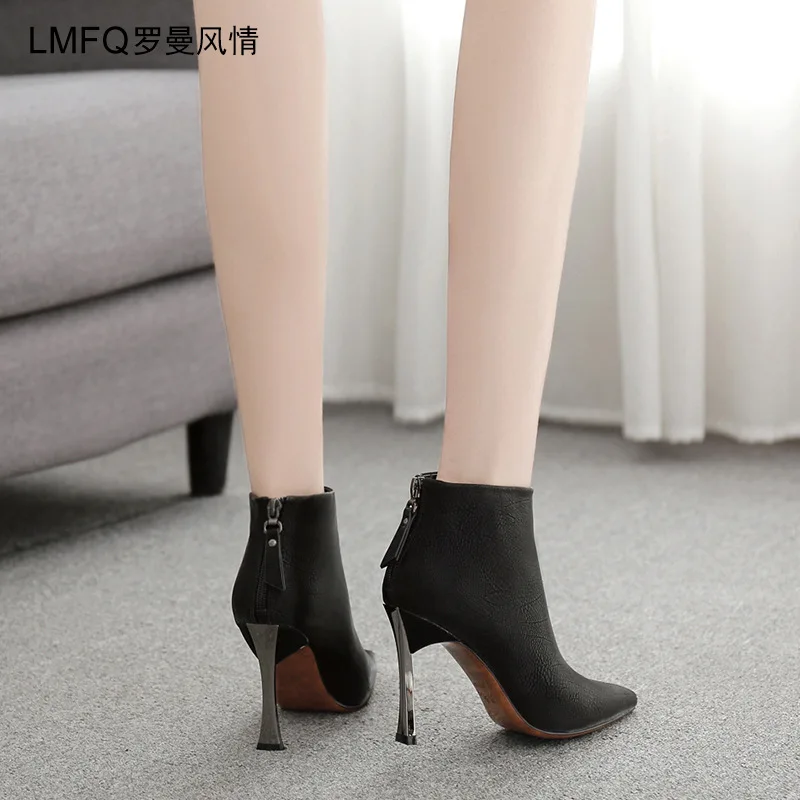 

2019 Winter New Style Pointed Short Boots Women High Heels Thin Heeled Beige WOMEN'S Boots Versatile Martin Boots Women's