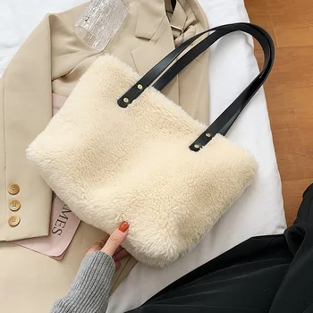

Lambswool Shoulder Bags For Women 2020 Winter Totes Soft Plush Faux Fur Handbags And Purses Lady Casual High Capacity Hand Bag