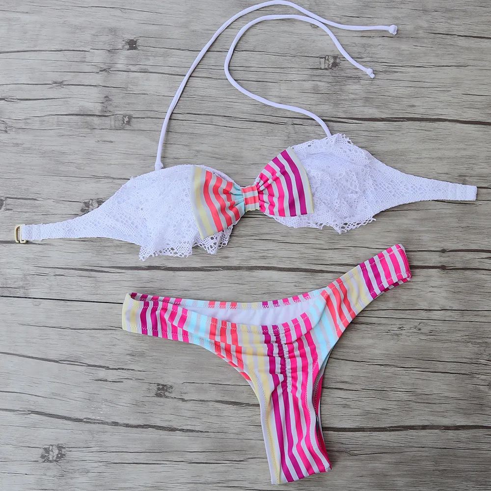 

Bikini Sets For Women Brazilian Swimwear Bow Bathing Suits White Design Sexy Girl Swimming Biquini Mix Top or Striped Bottom