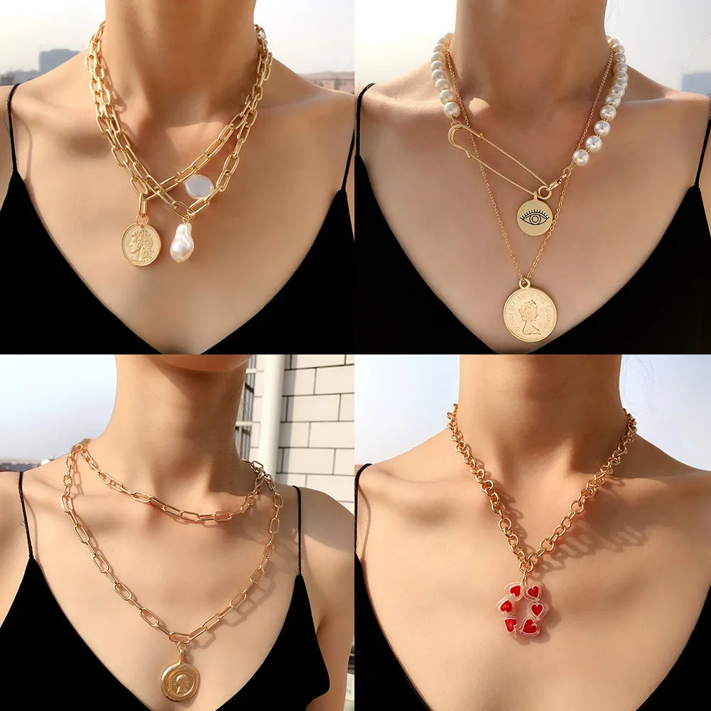 JUST FEEL многослойное жемчужное ожерелье-чокер с цепочкой, воротник s, массивный золотистый гравированный кулон с монеткой, ожерелье для женщин, ювелирное изделие