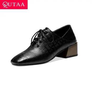 

QUTAA 2021 Square Toe Quality Cow Leather+PU Ladies Pumps Fashion Lace Up Square Med Heel Women Single Shoes Size 34-42