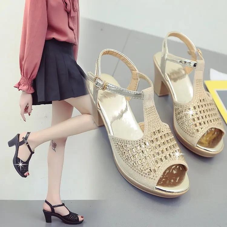 

2019 New Style Summer Korean-style WOMEN'S High-heeled Sandal Women's Chunky-Heel A- line with Versatile Hollow out Peep-Toe Gla