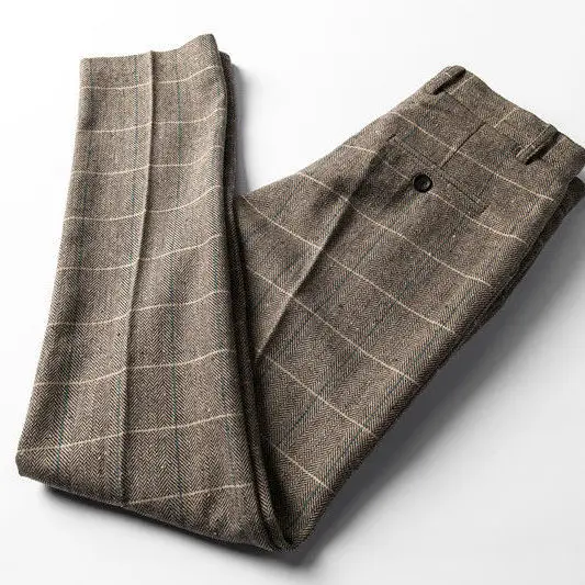 calças masculinas cinza espinha de peixe calças retro xadrez lã tweed calça casual cavalheiro terno masculino calças homem mais tamanho