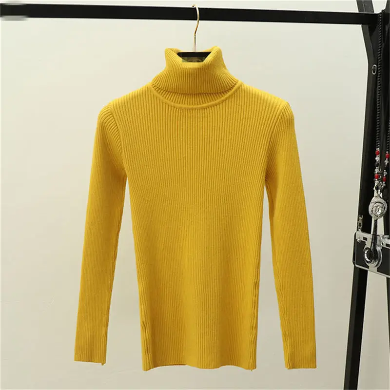 

Autumn Winter chic Turtleneck Elastic Pullovers Sweaters Women Spring Korea Yellow Knitted Sweater Female Bottoming Soft Jumper