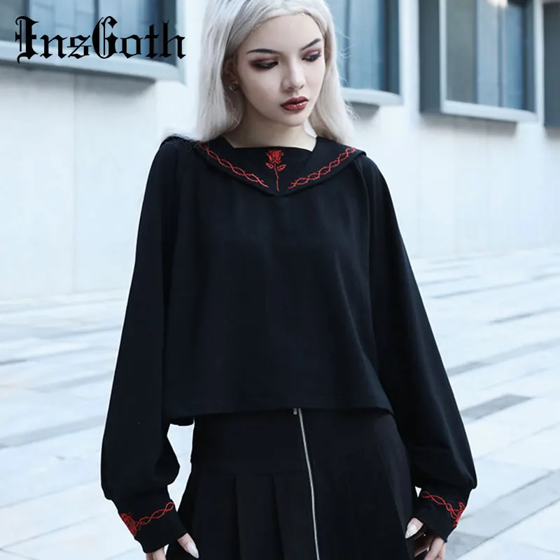 InsGoth Harajuku Свободная Женская толстовка с капюшоном Готический Черный свитер