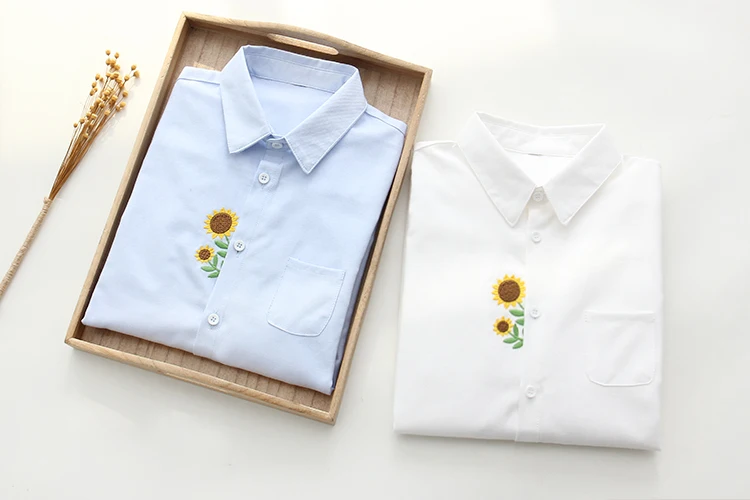 Новое поступление, милая белая рубашка с вышивкой подсолнуха Повседневная блуза с длинными рукавами и карманами и воротником-стойкой Feminina Blusa T99412F