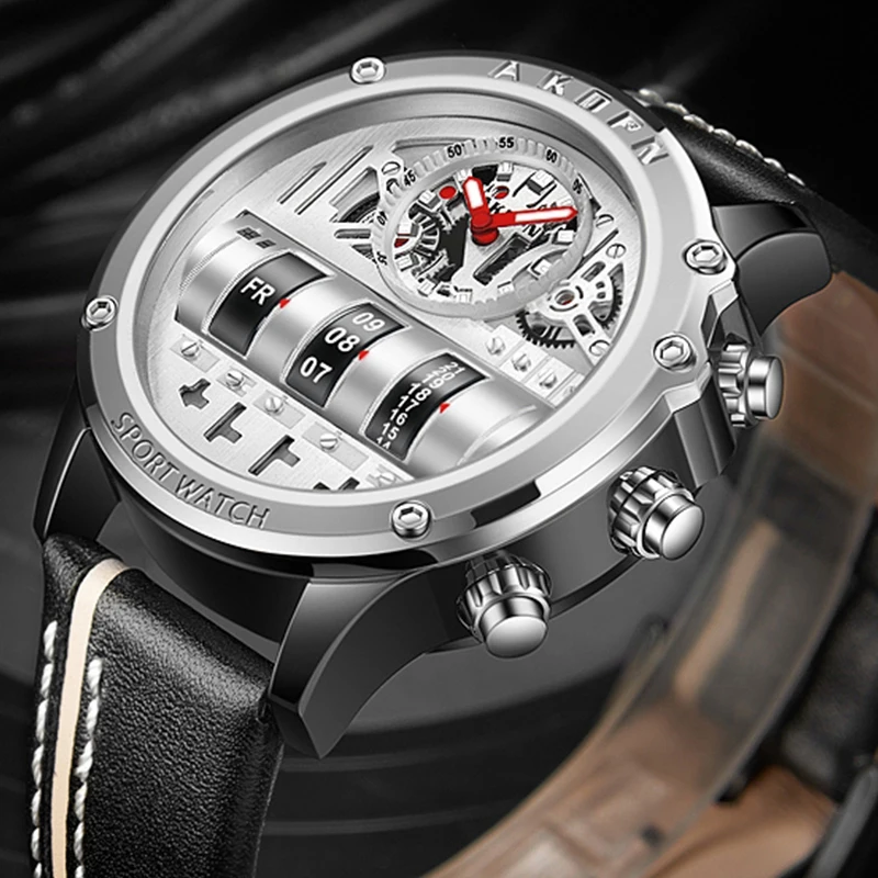 Business Casual watch for men Creative Men WristWatch Unique Rotate Date Leather Strap Quartz Watch Male Military Sport Clock 1