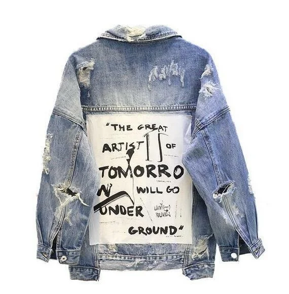 Very best  2018 Women's Graffiti letter BF denim jacket coat loose denim jacket parkas