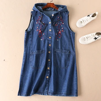 

Flowers embroidered denim shirt hoodie blouse women female sleeveless hooded shirt long sections autumn A787