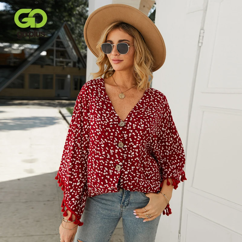 

GOPLUS 2020 Print Women's Shirt Sexy V Neck Tassel Butterfly Sleeve Women's Blouse Vintage Blusas Mujer De Moda Haut Femme