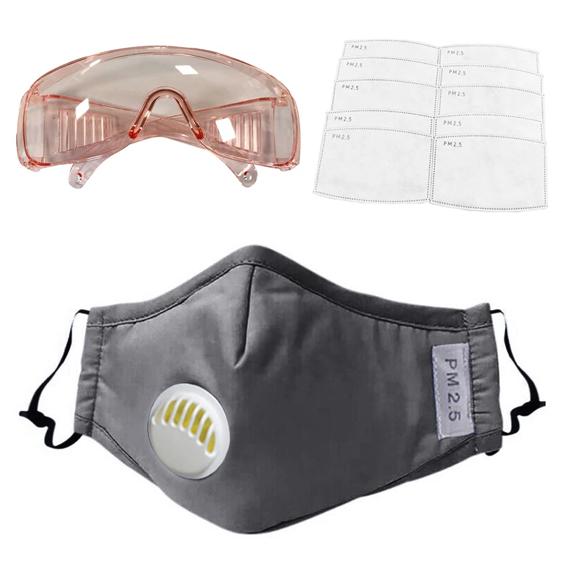 

1PC Anti-PM2.5 Dust Safety Mask+12Pcs Filters +1PC Anti-droplets Drool-proof Goggles Set Full Protection from Flu