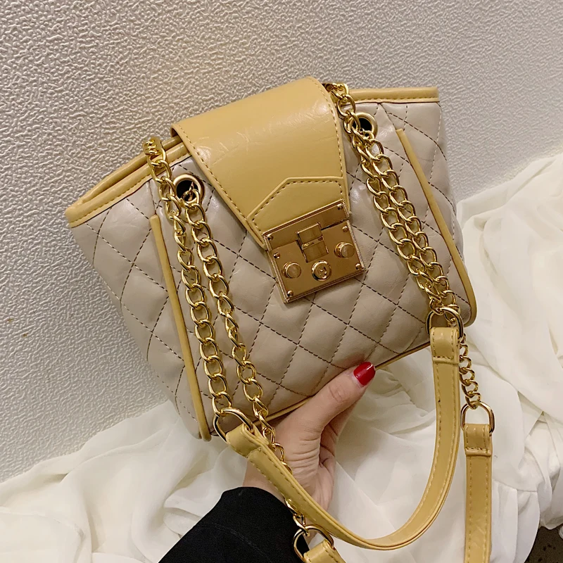

Elegant Female Plaid Tote Bag 2019 New High Quality PU Leather Women's Designer Handbag Lock Chain Shoulder Messenger Bag Purses
