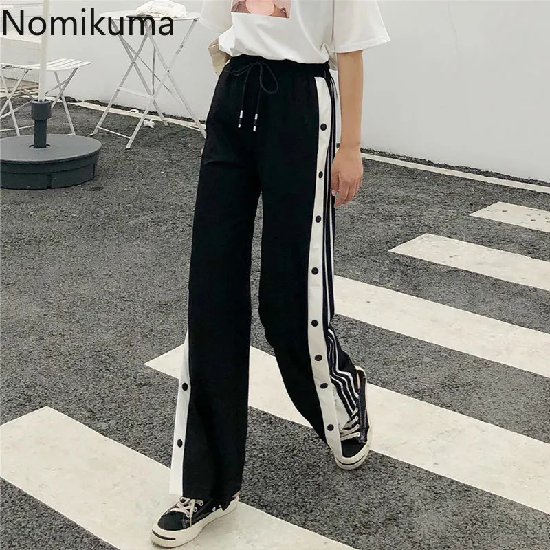 Nomikuma Contrast Color Striped Loose Pants Women High Waist Straight Pantalones Side Buttons Korean Trousers Streetwear 3a747 | Женская