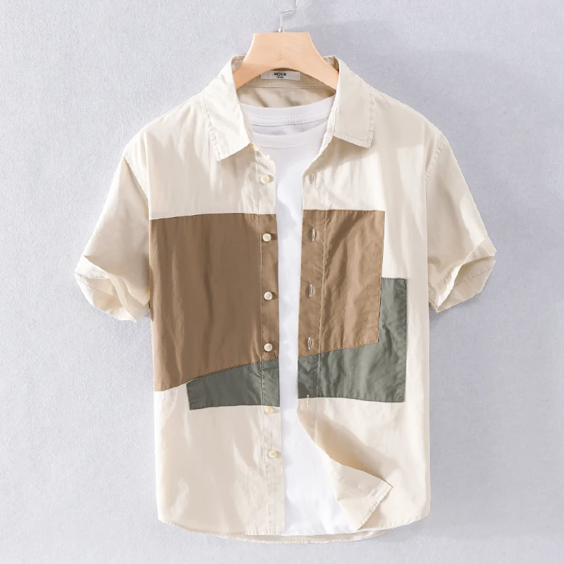 

100% Cotton new style short sleeve patchwork khaki shirts men casual summer fashion shirt for men chemise camisa tops mens