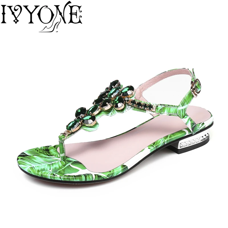

Fashion Ladies Sandals Floral Patent Leather T-Strap Shiny Rhinestone Sheepskin Insole Buckles Women Sandals Large Size 35-42
