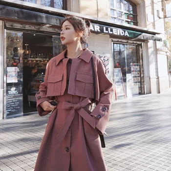 

2020 Spring And Autumn New Youth Popular Solid Color Mid-length Loose Trench Coat Fashion Casual Wild Top Wine Red S-XL