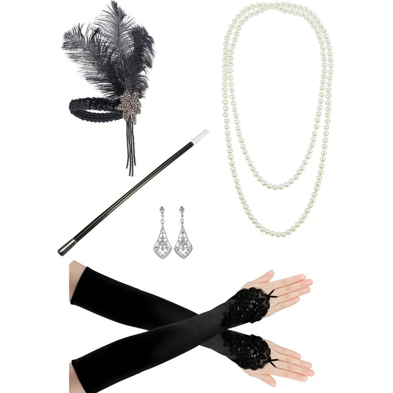 Серебристый Костюмы для косплея 1920s Great Gatsby аксессуары набор для женщин костюм 20s аксессуары Хлопушка головной убор повязка на голову - Цвет: Серебристый
