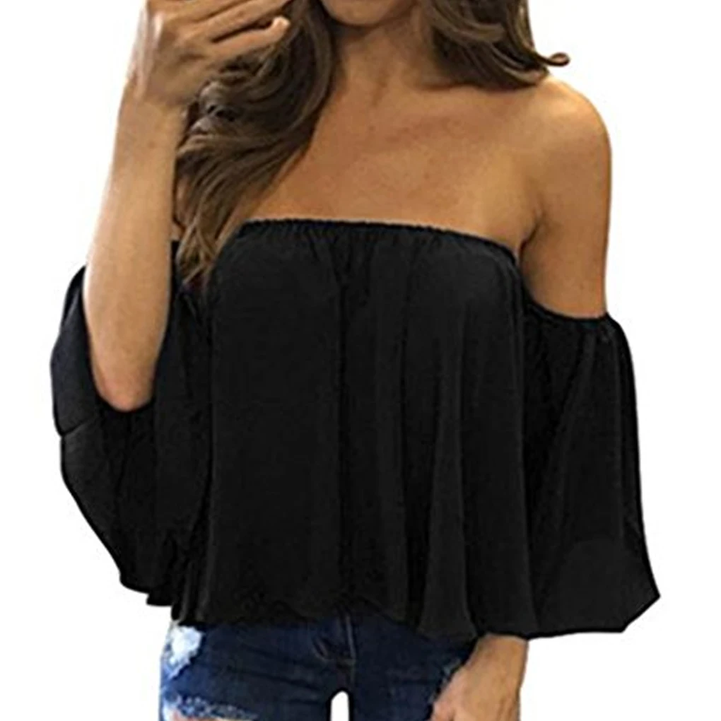 Stylish Women Off Shoulder Casual Blouse Shirt Tops Strapless Pure Color Bell Puff Sleeve Tops Stylish Women Off Shoulder Casual Blouse Shirt Tops Strapless Pure Color Bell Puff Sleeve Tops