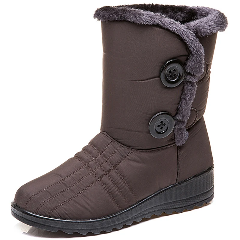 Brown OneBling/зимние ботинки из водонепроницаемой ткани на плоской подошве с плюшевой подкладкой женская зимняя теплая обувь г. Нескользящие ботинки на платформе с пуговицами, большие размеры 43 - Цвет: Brown