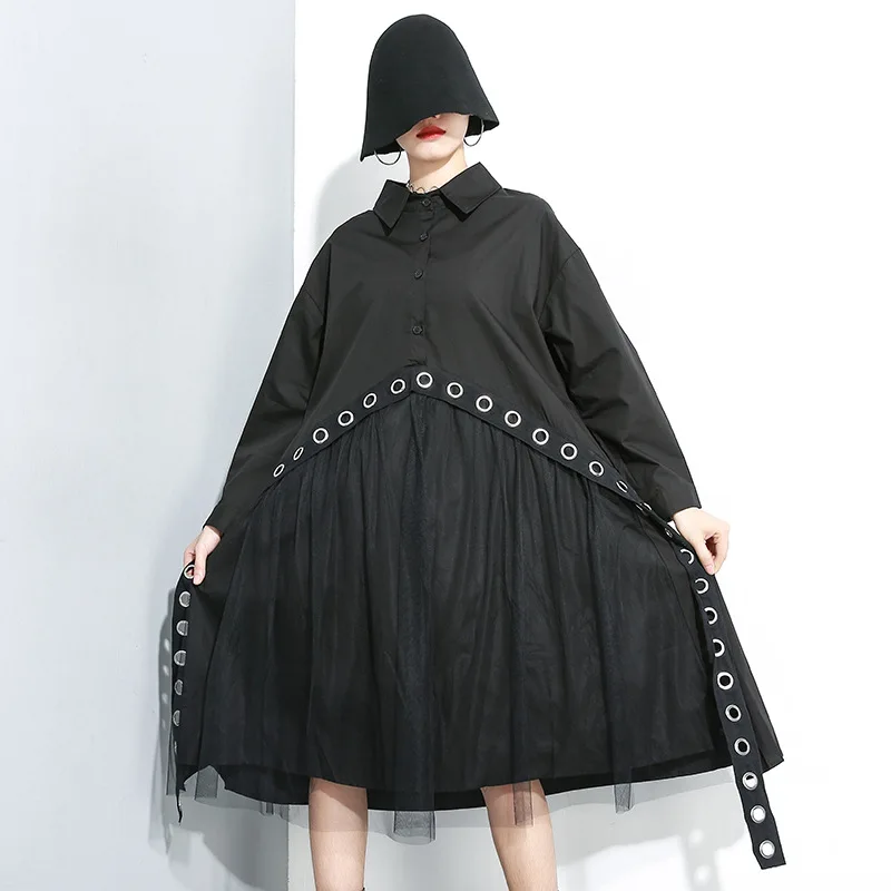 

Irregular Mesh Spliced Dresses Hollow Out Straps Women 2019 New Autumn Long Sleeve Black Loose Dress Female Vestidos LT943S30