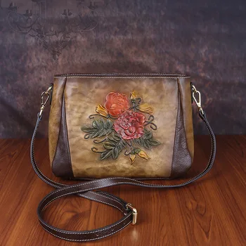 

New top layer cowhide atmospheric shoulder bag Chinese style retro embossed messenger bag female multicolor