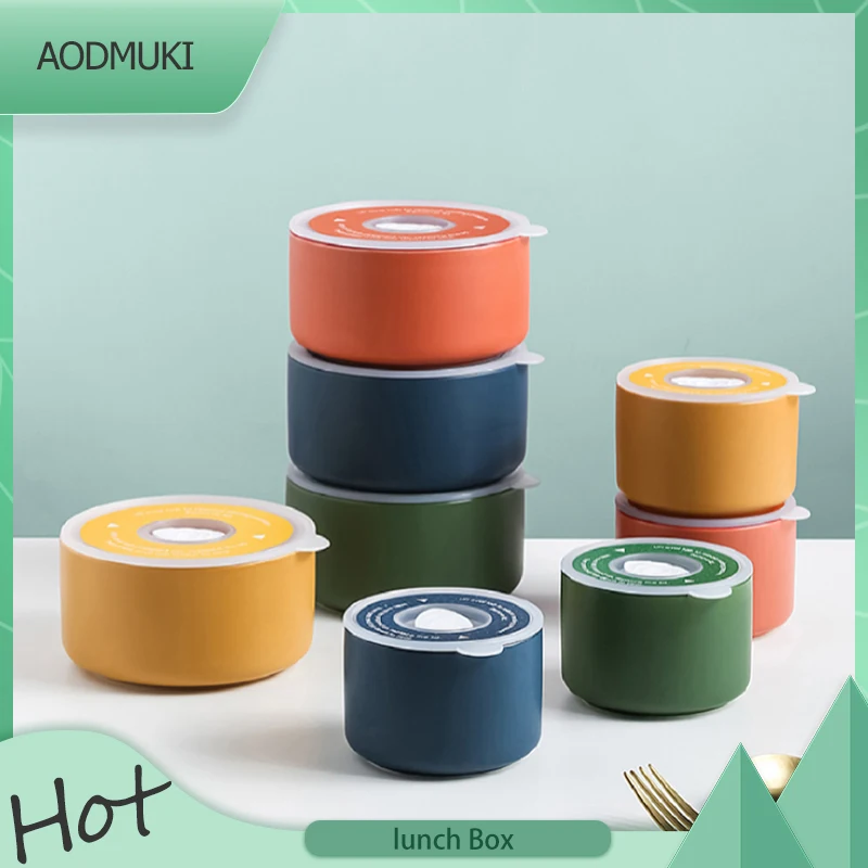 

Portable Student Office Worker Bento Box Sealed Ceramic Lunch Box Round Shape Small Bowl with Cover Suitable for Microwave Oven